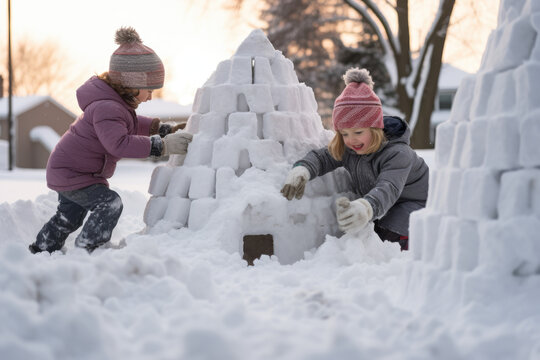 Children Building A Snow Fort