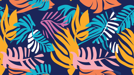 Multicolor abstract background with tropical palm leaves in Matisse style. Vector seamless pattern with Scandinavian cut out elements