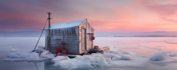 Ice fishing hut on a frozen lake - obrazy, fototapety, plakaty