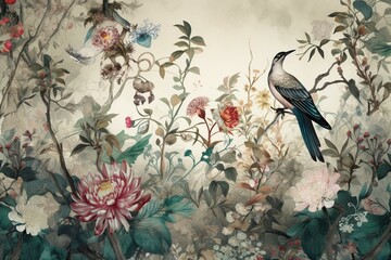 Unique wallpaper collage features modern painting techniques in a fantastical world with bizarre flora and fauna. Generative AI