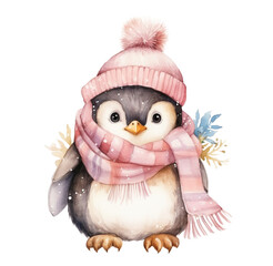 Watercolor illustration of a penguin in clothes, christmas penguin. Generative AI, png image.