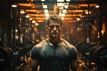 Concentrated athlete performs Deadlift at a high -tech industrial gym., generative IA