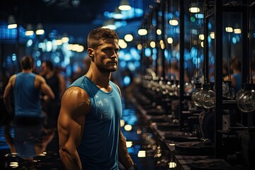 Bodybuilding in intense training, vibrant gym environment., generative IA