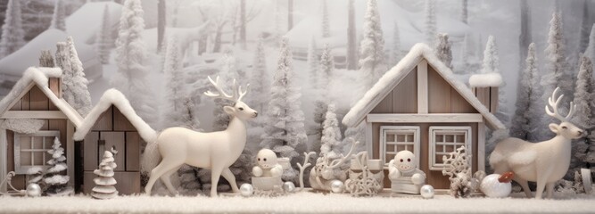 A festive winter scene with houses and deer decorations - obrazy, fototapety, plakaty