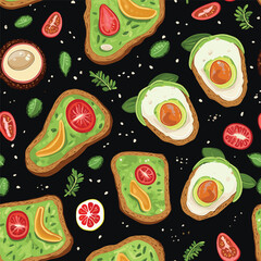 Pattern of toasts and sandwiches with different healthy ingredients. Flat vector illustration isolated on black