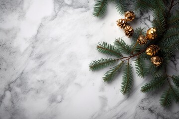 Pine cones and pine needles on a marble background