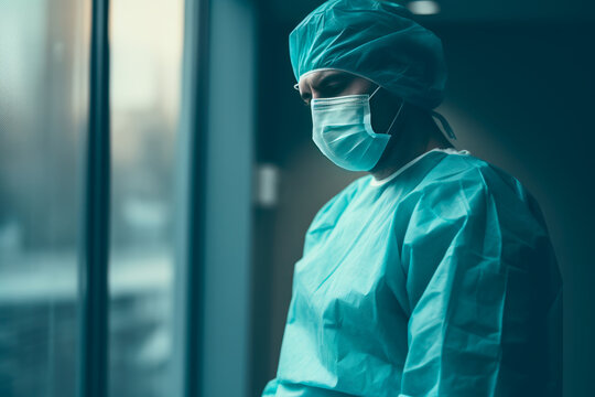 A tired surgeon stands thoughtfully at the window after a complex operation