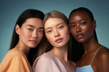 Three women of different ethnicities posing for a picture in front of a blue background. Generative AI. - obrazy, fototapety, plakaty