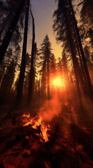 A blazing fire engulfing a forest, creating a scene of destruction and danger