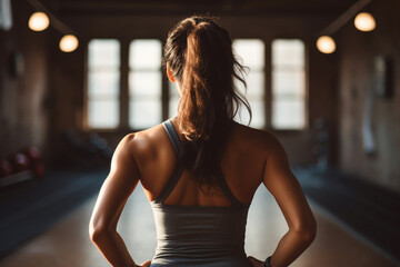 giovane donna con capelli legati durante lezione fitnesse inquadrata di spalle - obrazy, fototapety, plakaty