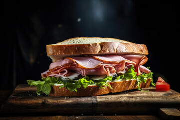 Fresh delicious sandwich with ham, cheese, bacon, tomatoes, lettuce, cucumbers and onions on dark wooden background