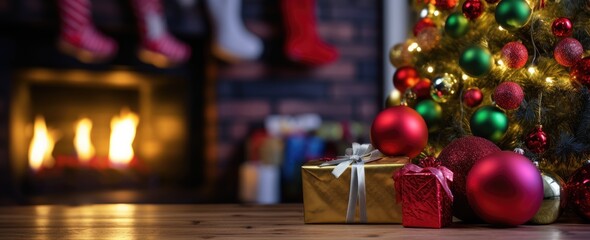 Naklejka na ściany i meble A beautifully decorated Christmas tree surrounded by colorful presents