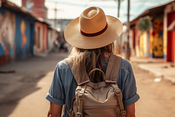 Giovane donna turista di spalle con cappello e zaino in una strada inquadrata di spalle - obrazy, fototapety, plakaty