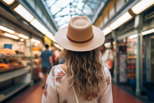 Giovane donna turista di spalle con cappello in una strada inquadrata di spalle