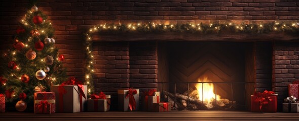 A festive fireplace with presents and a beautifully decorated Christmas tree
