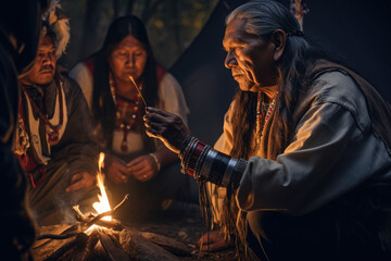 Native American elder sharing traditional stories around a campfire - obrazy, fototapety, plakaty