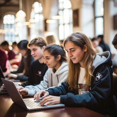 Fototapeta premium Group of students using laptops in library