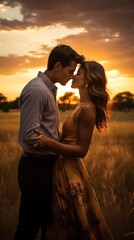 Couple sharing a kiss in front of sunset
