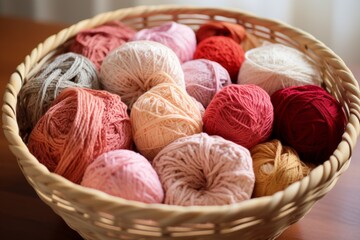 Fototapeta na wymiar Basket full of colorful yarn wool balls. Pastel colors