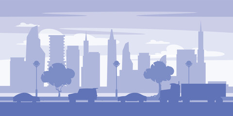 Vector illustration of a beautiful silhouette city landscape. Cartoon scene of a city silhouette landscape with high-rise buildings, skyscrapers, trees, lampposts, a road with cars, a jeep, a truck.