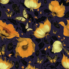 Seamless floral pattern with magic physalis and butterflies