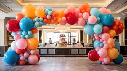Poster Colorful balloon arches over dessert table © olegganko