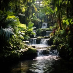 Lush tropical jungle with cascading waterfall