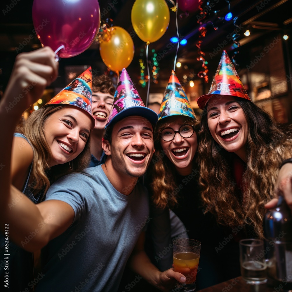 Wall mural friends taking a selfie with party hats