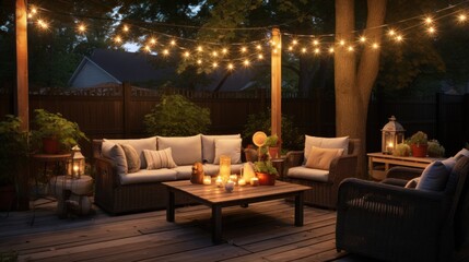 Outdoor string lights and cozy seating area