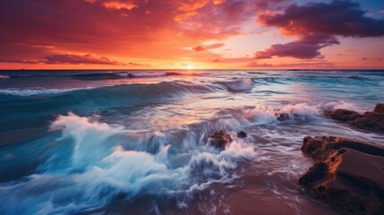 Naklejka premium Vibrant sunset over calm ocean waves