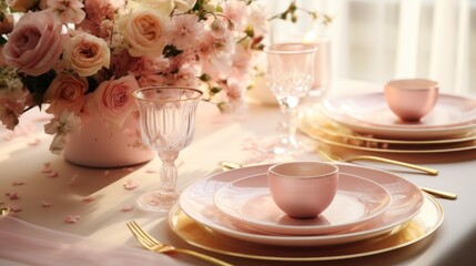 Fototapeta na wymiar Festive table setting with gold and pink accents