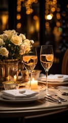 Candlelit dinner with champagne glasses - obrazy, fototapety, plakaty