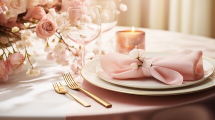 Festive table setting with gold and pink accents