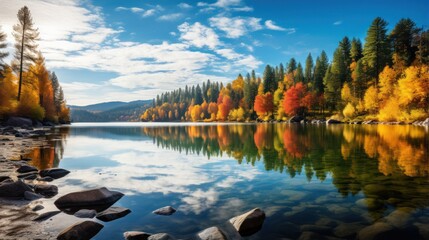 Serene lake reflecting colorful autumn trees - obrazy, fototapety, plakaty