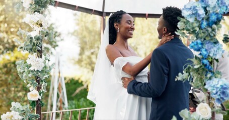 Happy black couple, wedding and kiss for love, marriage or commitment in support together. Married...