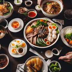 Delicious asian food at restaurant. Noodles, beaf and other vegetables.