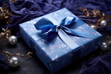 Fototapeta na wymiar Beautifully wrapped gift with a satin bow and shimmering wrapping paper, creating an anticipation of joy - Generative AI