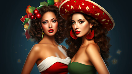 Naklejka premium Two Latin Women Christmas Theme