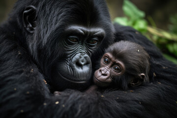 Obraz premium Mountain gorilla mother caring for her infant
