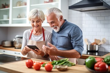 senior couple cooking in kitchen, using recipe from mobile app on phone