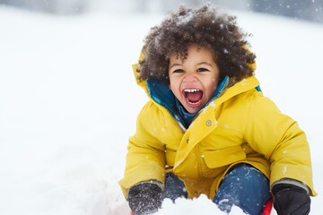 Black mixed race toddler child wearing a yellow coat laughing and having fun on a snow sled, skid, sledge, toboggan and sliding down hill of snow, winter snowy cold Christmas season | Generative AI - obrazy, fototapety, plakaty