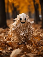 Happy cartoon ghost walking in the autumn forest or park among yellow leaves, AI