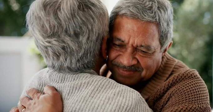 Senior couple, hug and smile in closeup, backyard and reunion with bonding, love and care in retirement. Elderly woman, old man and embrace with romance, thinking and happy for connection in marriage