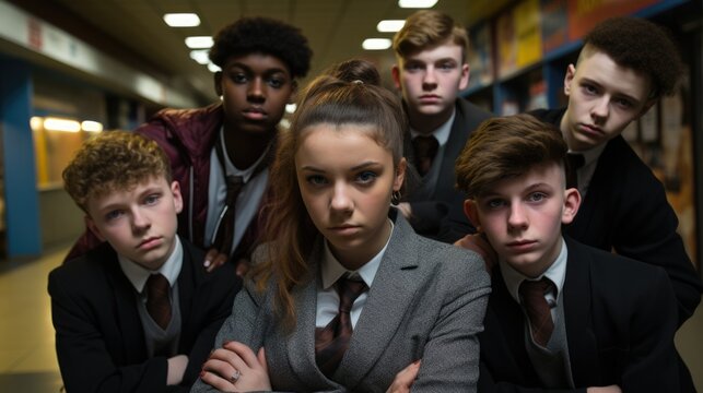 Anti-bullying week concept. A group of teenage schoolchildren look hostilely into the lens. - Powered by Adobe