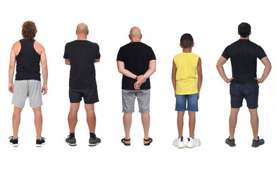 back view of a group of men wearing shorts isolated on white background.