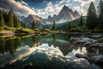 Alpine lake nestled amidst the Dolomites, reflecting the towering mountains in its clear waters