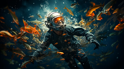 underwater photo of diver with mask, scuba diving in the water.