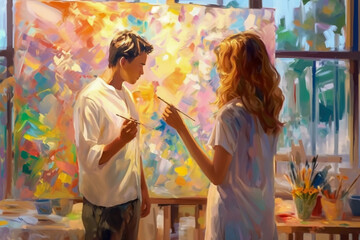 A young couple enjoying a painting class. Fun memories in the art studio, oil painting lessons, the concept of meeting and crushes. - obrazy, fototapety, plakaty