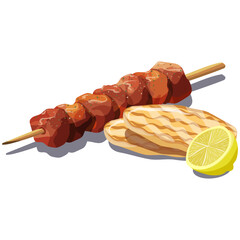 Grilled pork skewer (souvlaki) with oregano served with fluffy pita bread and lemon. Famous traditional Greek fast food. Vector illustration.