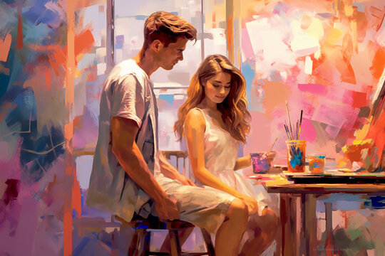 A young couple enjoying a painting class. Fun memories in the art studio, oil painting lessons, the concept of meeting and crushes.